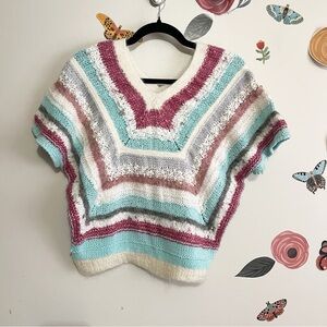 Vintage Short Sleeve Textured Sweater in Pink, Blue, and Cream M/L